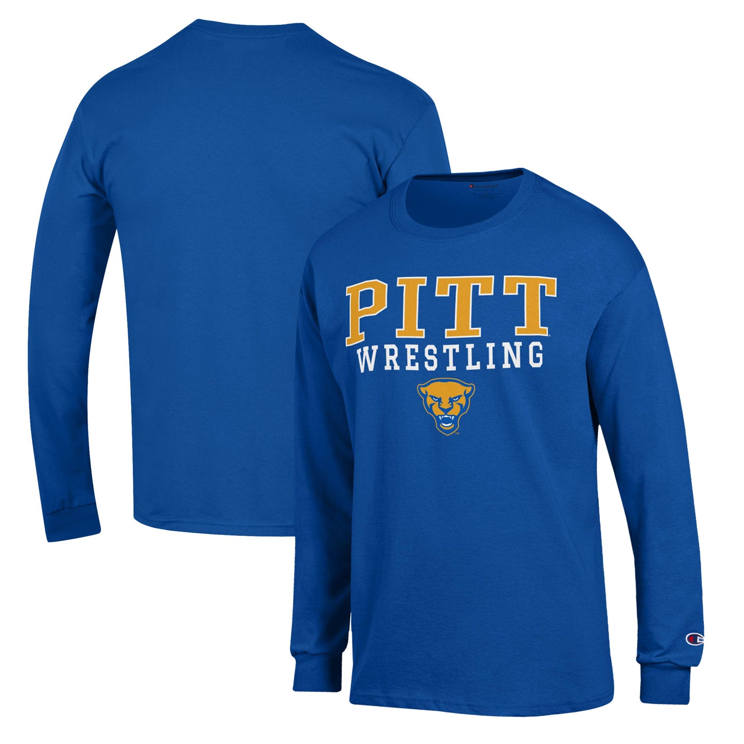 Men's Champion Royal Pitt Panthers Wrestling Stack Logo Long Sleeve T-Shirt