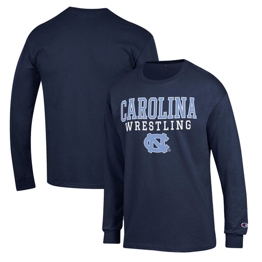 Men's Champion Navy North Carolina Tar Heels Wrestling Stack Logo Long Sleeve T-Shirt