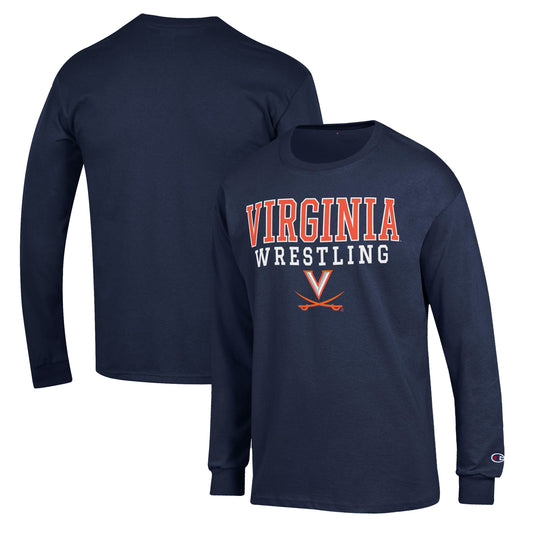 Men's Champion Navy Virginia Cavaliers Wrestling Stack Logo Long Sleeve T-Shirt