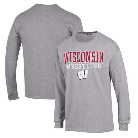 Men's Champion Gray Wisconsin Badgers Wrestling Stack Logo Long Sleeve T-Shirt