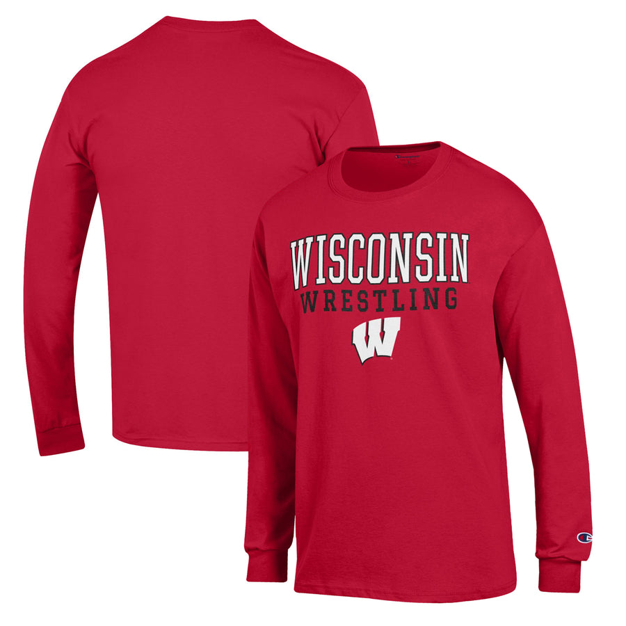 Men's Champion Red Wisconsin Badgers Wrestling Stack Logo Long Sleeve T-Shirt