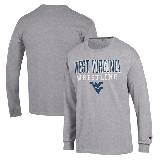 Men's Champion Gray West Virginia Mountaineers Wrestling Stack Logo Long Sleeve T-Shirt