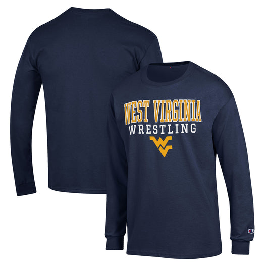 Men's Champion Navy West Virginia Mountaineers Wrestling Stack Logo Long Sleeve T-Shirt