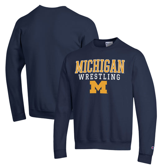 Men's Champion Navy Michigan Wolverines Wrestling Stack Powerblend Pullover Sweatshirt