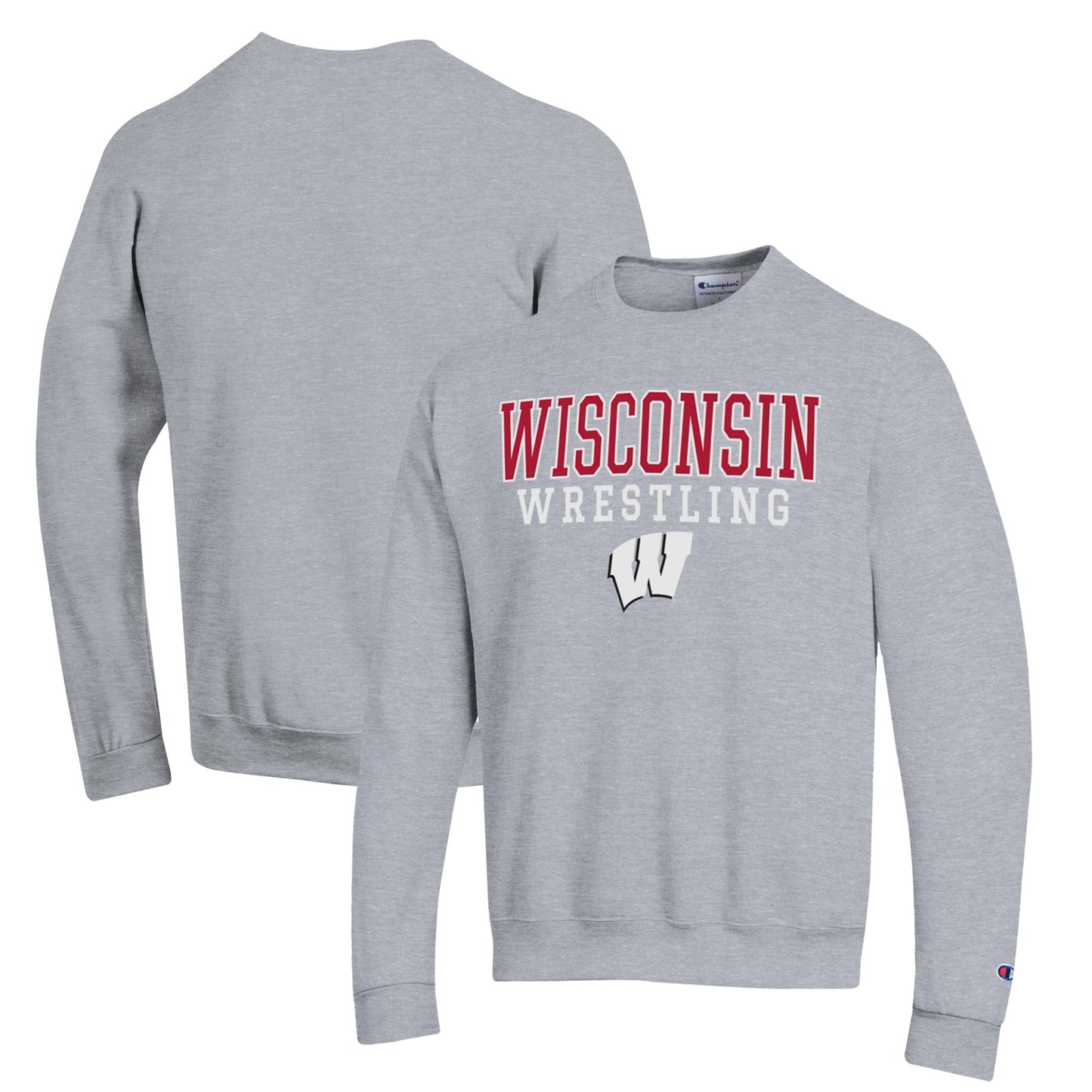 Men's Champion Gray Wisconsin Badgers Wrestling Stack Powerblend Pullover Sweatshirt