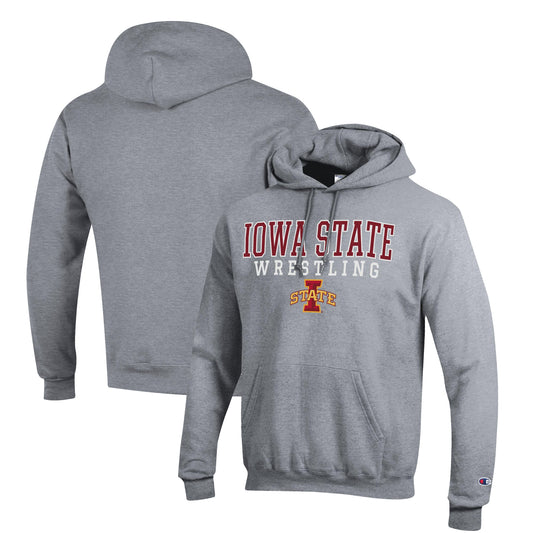 Men's Champion Gray Iowa State Cyclones Wrestling Stack Logo Powerblend Pullover Hoodie