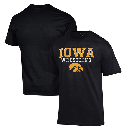 Men's Champion Black Iowa Hawkeyes Wrestling Stack Logo T-Shirt