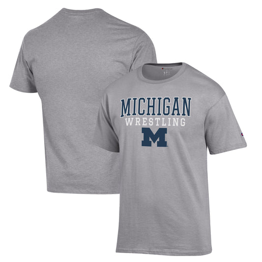 Men's Champion Gray Michigan Wolverines Wrestling Stack Logo T-Shirt