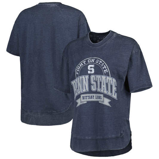 Women's Pressbox Heather Navy Penn State Nittany Lions Vintage Wash Poncho Captain T-Shirt