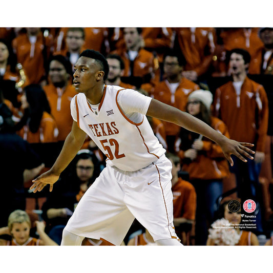 Myles Turner Texas Longhorns Unsigned Blocking in White Jersey Photograph