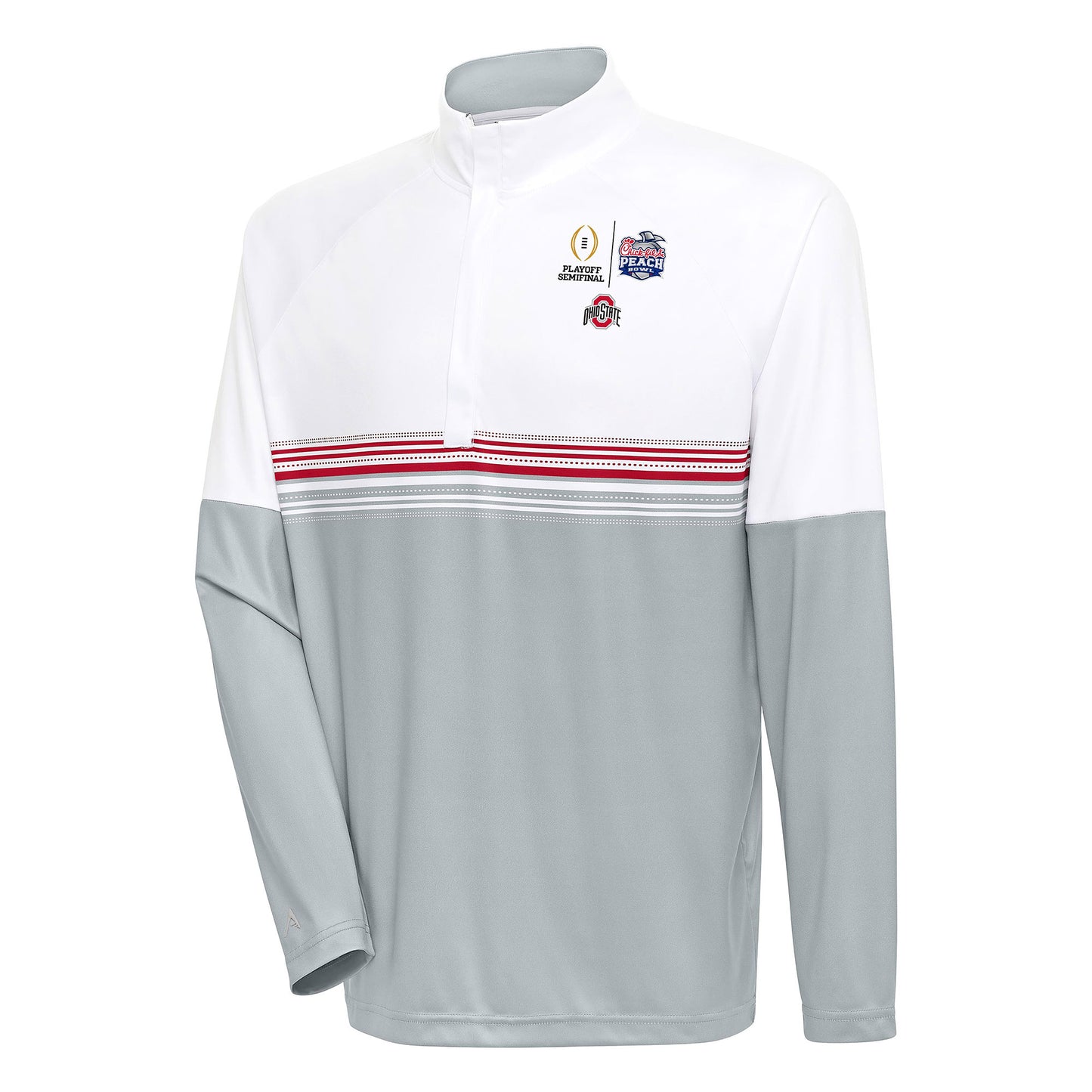 Men's Antigua White/Scarlet Ohio State Buckeyes College Football Playoff 2022 Peach Bowl Bender Quarter-Zip Pullover Top