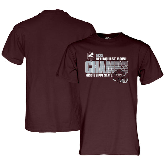 Men's Blue 84 Maroon Mississippi State Bulldogs 2023 ReliaQuest Bowl Champions T-Shirt