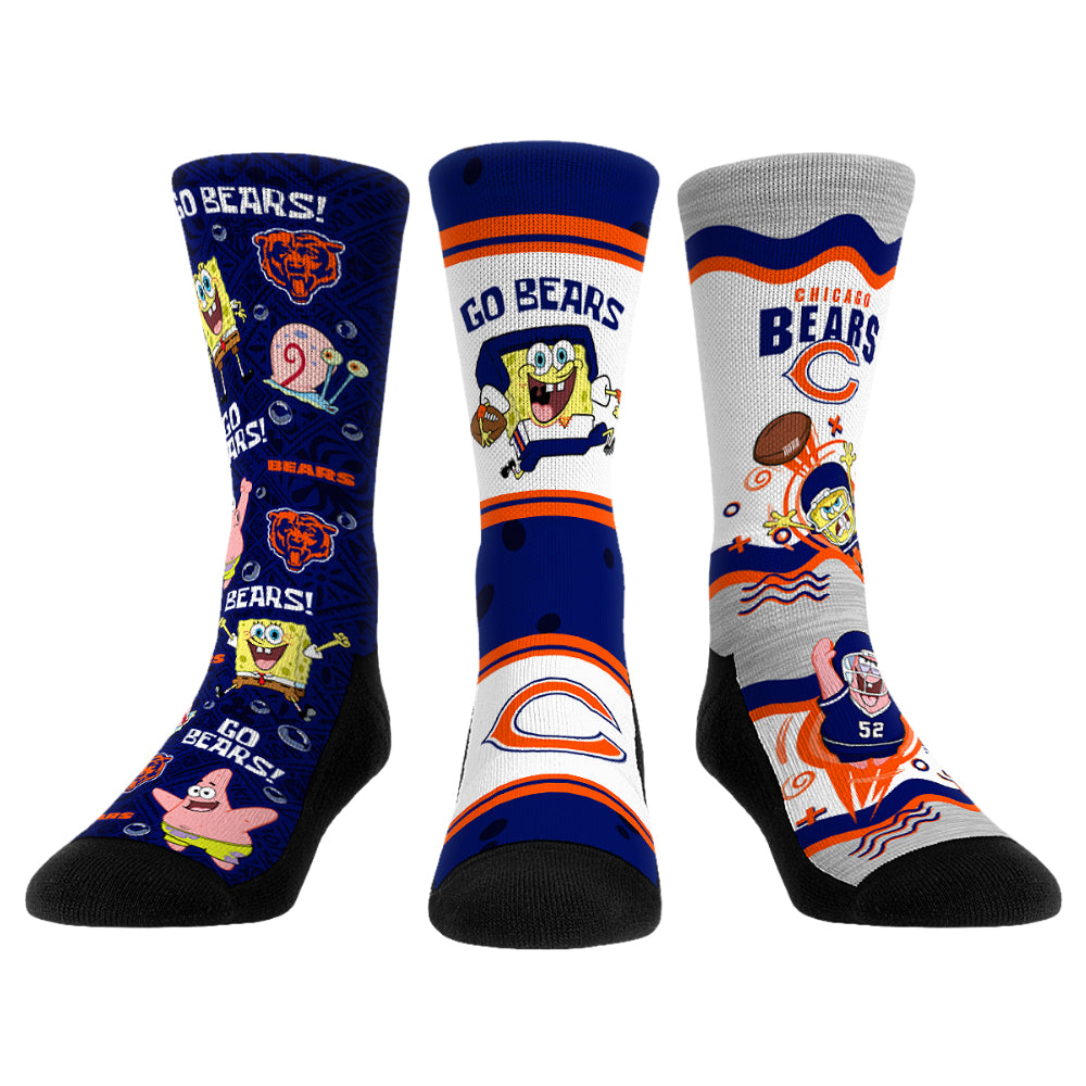 Unisex Rock Em Socks Chicago Bears NFL x Nickelodeon Spongebob Squarepants 3-Pack Crew Socks Set