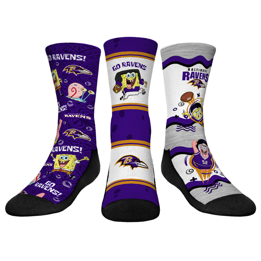 Youth Rock Em Socks Baltimore Ravens NFL x Nickelodeon Spongebob Squarepants 3-Pack Crew Socks Set