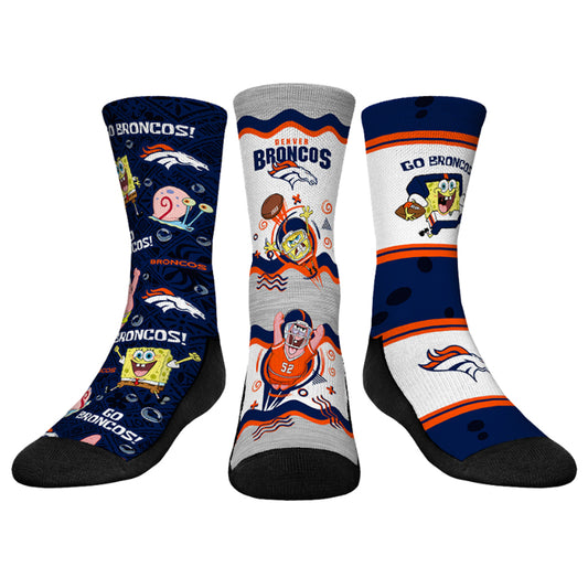 Youth Rock Em Socks Denver Broncos NFL x Nickelodeon Spongebob Squarepants 3-Pack Crew Socks Set