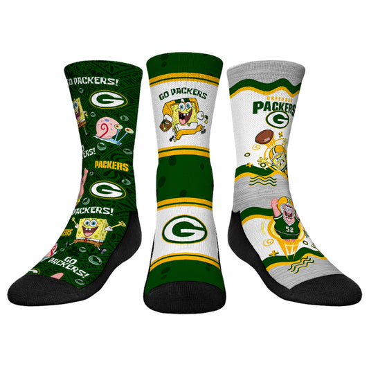 Youth Rock Em Socks Green Bay Packers NFL x Nickelodeon Spongebob Squarepants 3-Pack Crew Socks Set