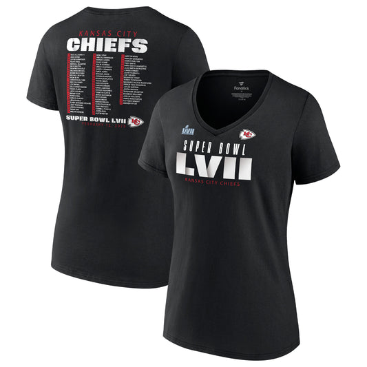 Women's Fanatics Black Kansas City Chiefs Super Bowl LVII Varsity Roster V-Neck T-Shirt