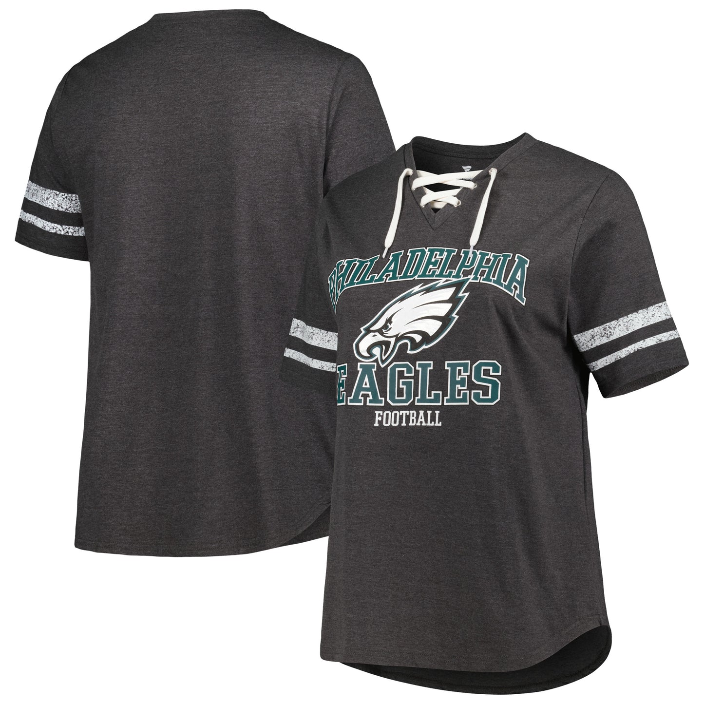 Women's Fanatics Heather Charcoal Philadelphia Eagles Plus Size Lace-Up V-Neck T-Shirt