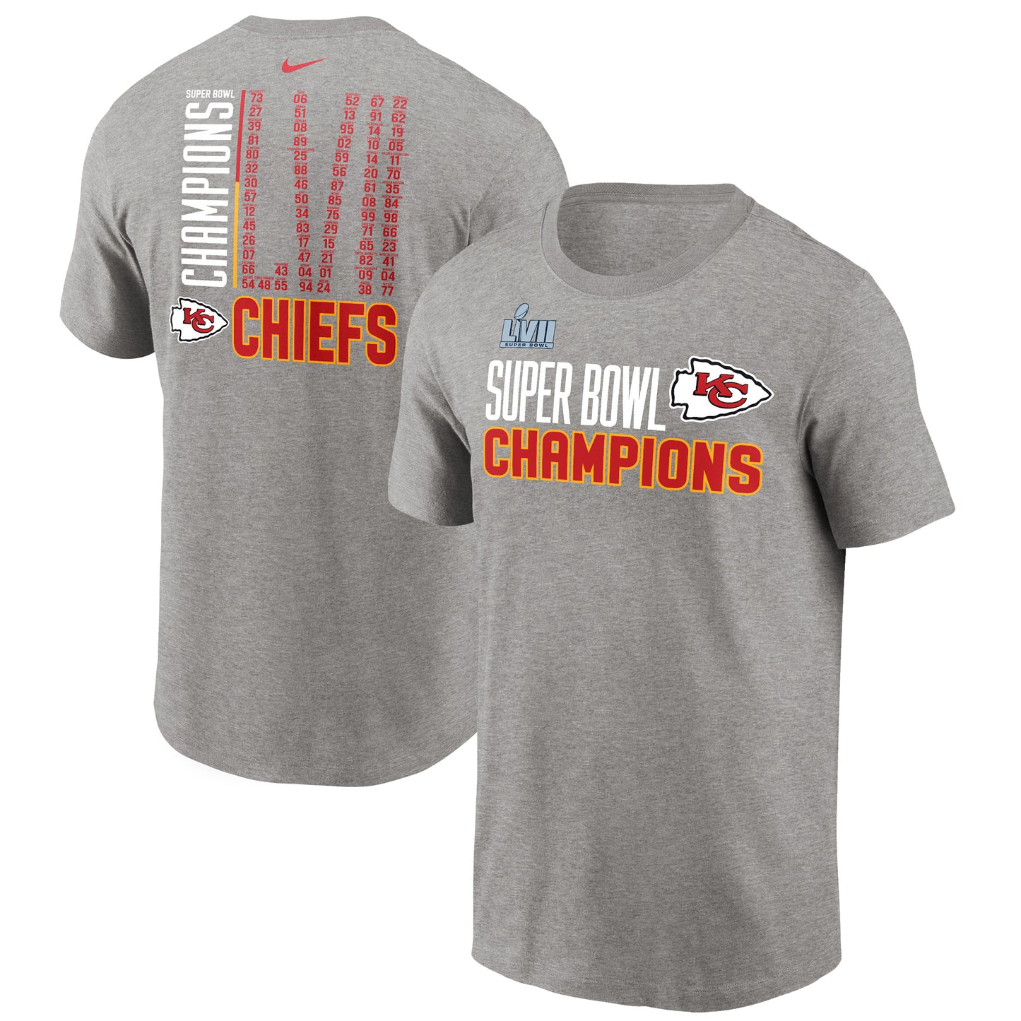 Men's Nike Heather Gray Kansas City Chiefs Super Bowl LVII Champions Roster T-Shirt