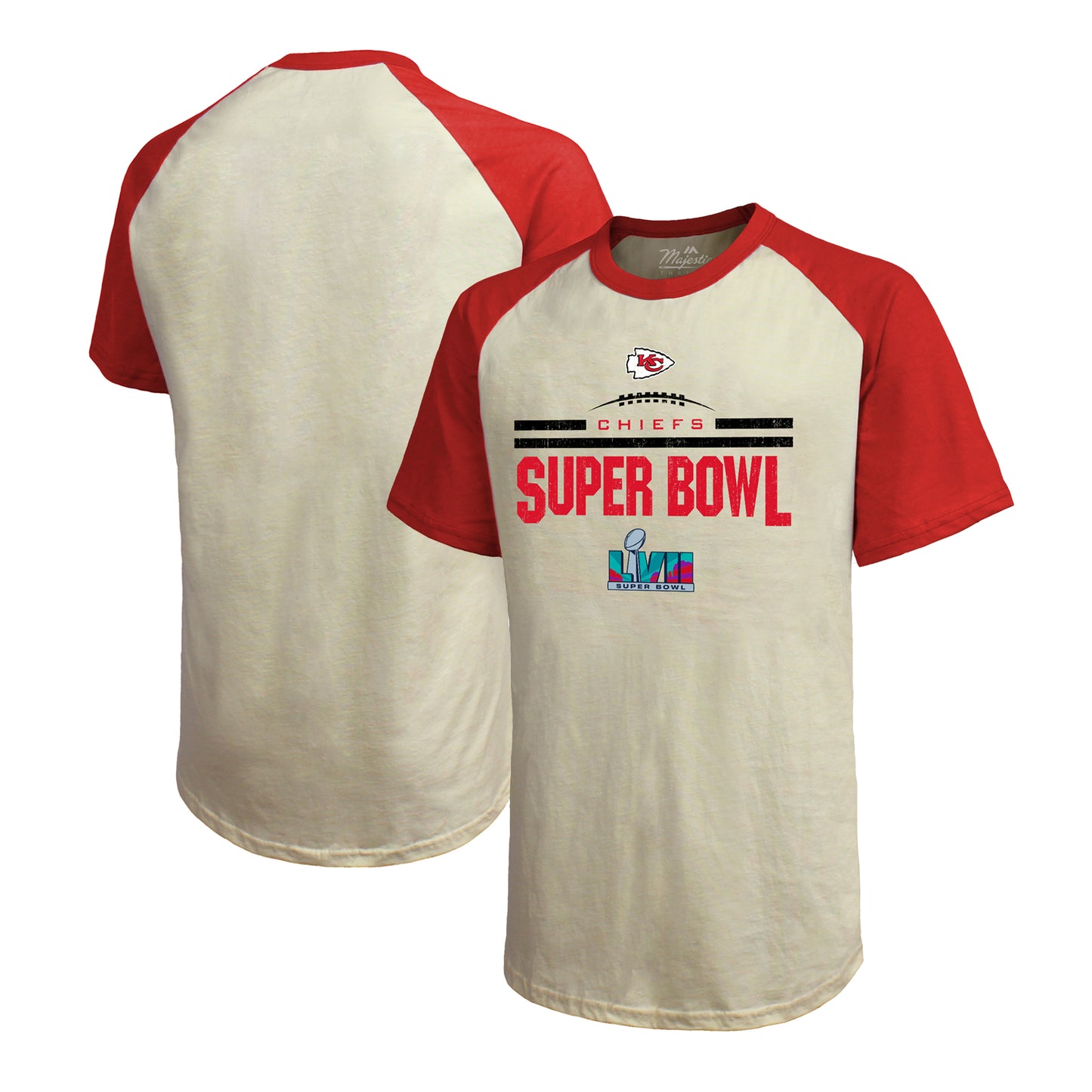 Men's Majestic Threads Cream/Red Kansas City Chiefs Super Bowl LVII Goal Line Stand Raglan T-Shirt