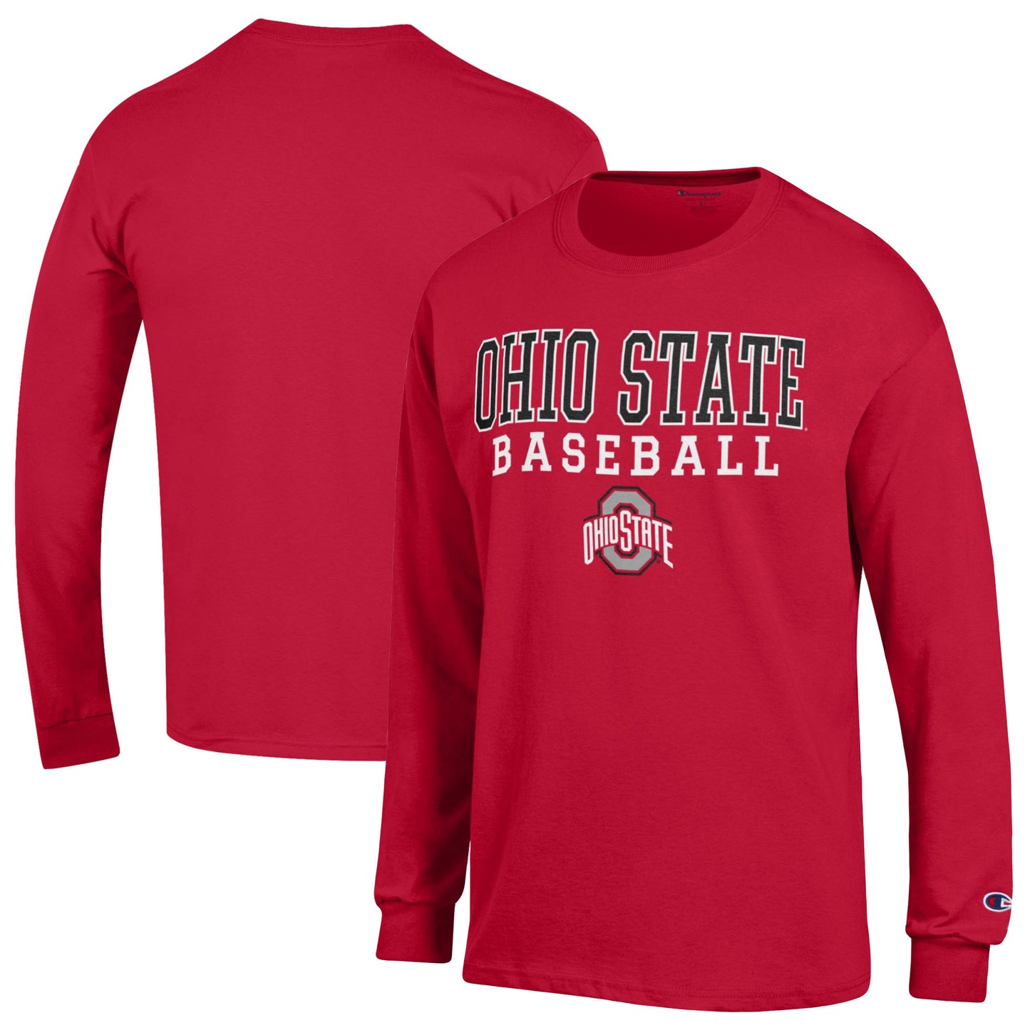 Men's Champion Scarlet Ohio State Buckeyes Stack Logo Baseball Long Sleeve T-Shirt