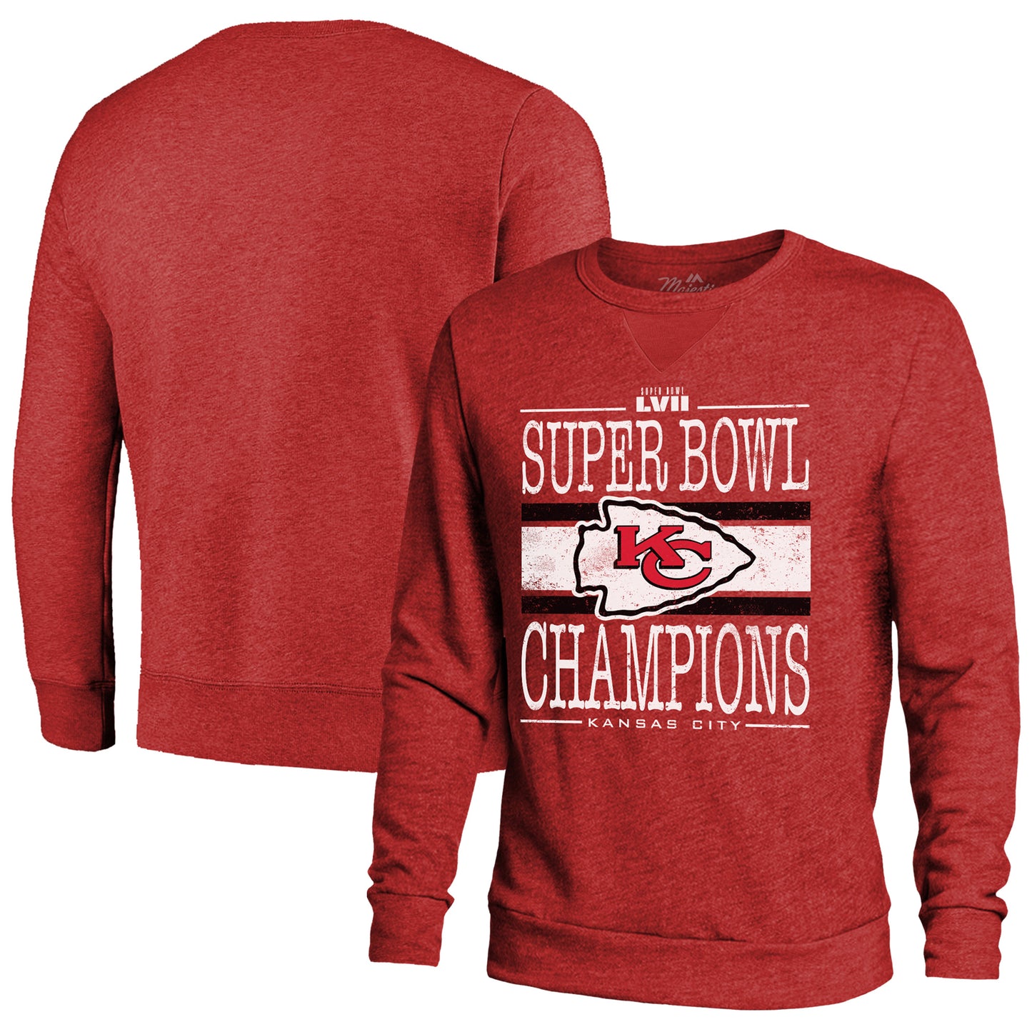 Men's Majestic Threads Red Kansas City Chiefs Super Bowl LVII Champions Prime Time Pullover Sweatshirt