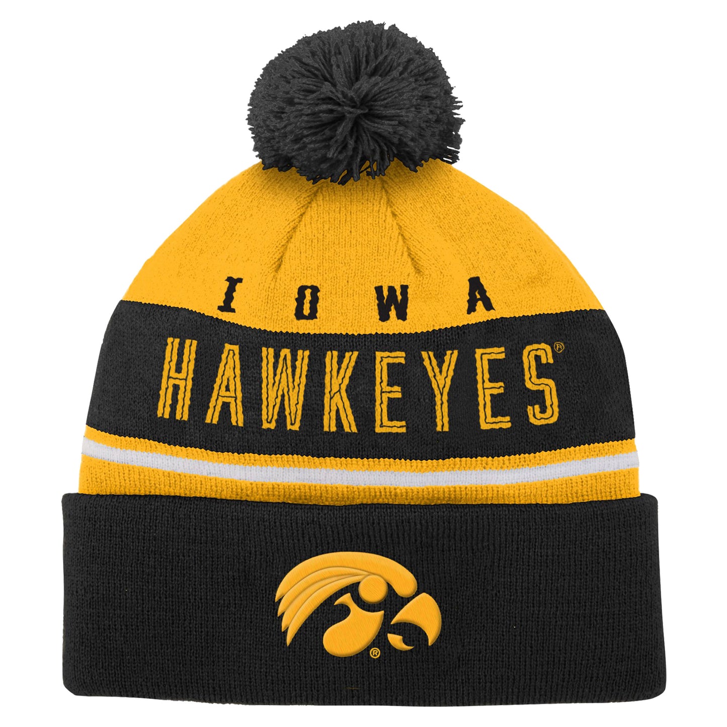 Youth Black Iowa Hawkeyes Redzone Jacquard Cuffed Knit Hat with Pom