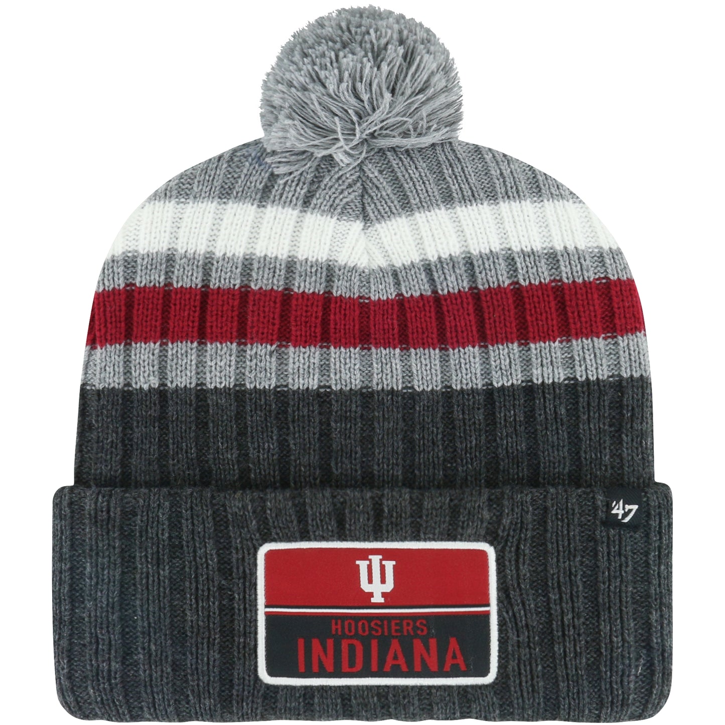 Men's '47 Charcoal Indiana Hoosiers Stack Striped Cuffed Knit Hat with Pom