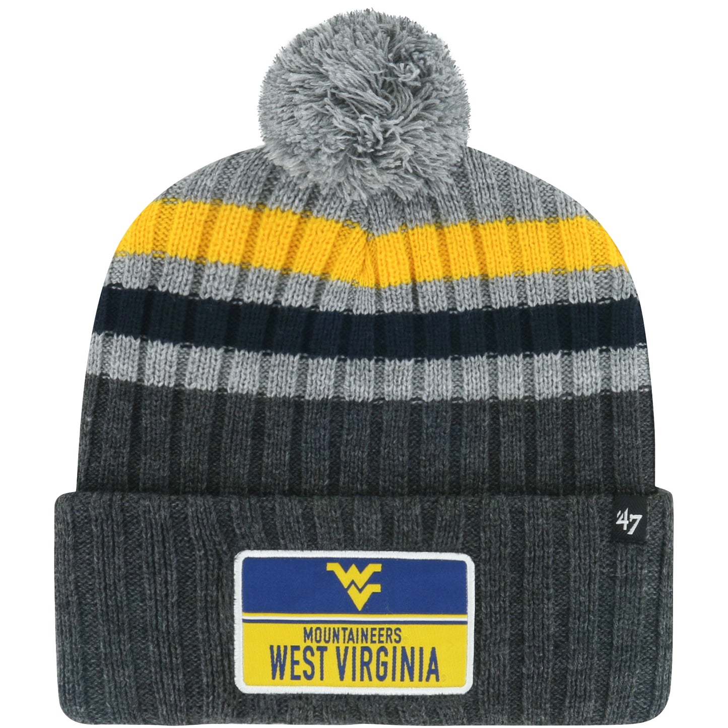 Men's '47 Charcoal West Virginia Mountaineers Stack Striped Cuffed Knit Hat with Pom