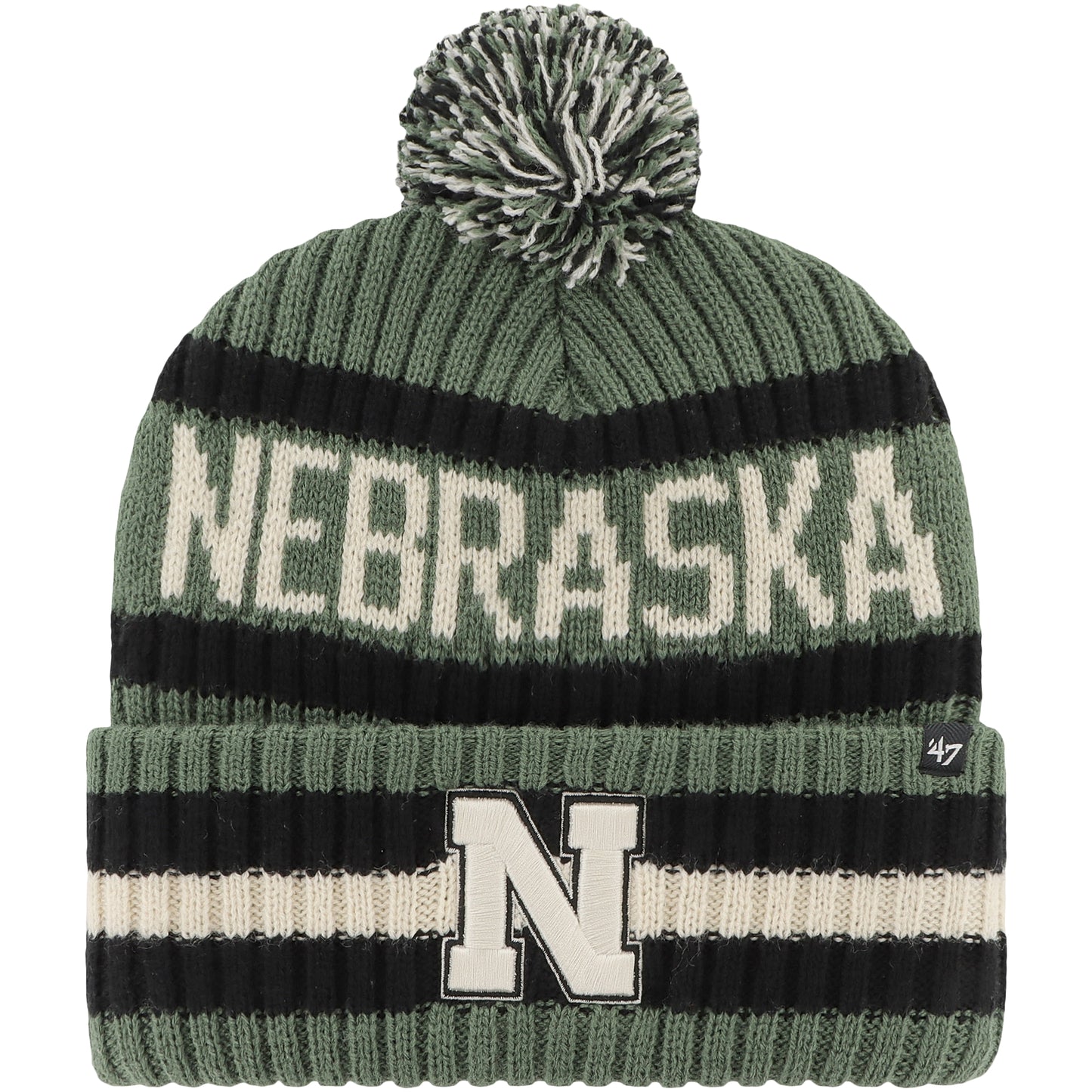 Men's '47 Green Nebraska Huskers OHT Military Appreciation Bering Cuffed Knit Hat with Pom