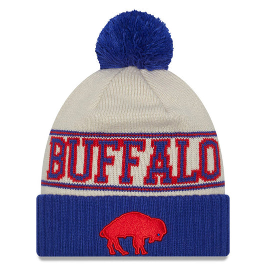 Men's New Era  Cream/Royal Buffalo Bills 2023 Sideline Historic Pom Cuffed Knit Hat