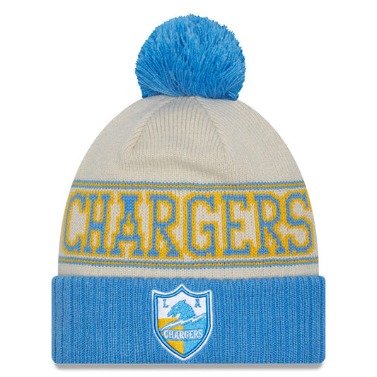 Men's New Era Powder Cream/Blue Los Angeles Chargers 2023 Sideline Historic Pom Cuffed Knit Hat