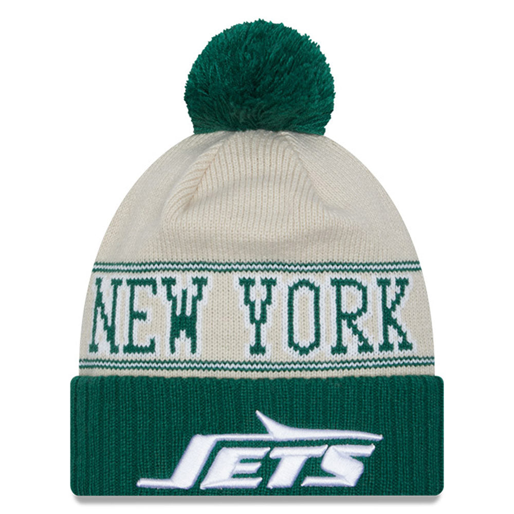 Men's New Era  Cream/Green New York Jets 2023 Sideline Historic Pom Cuffed Knit Hat