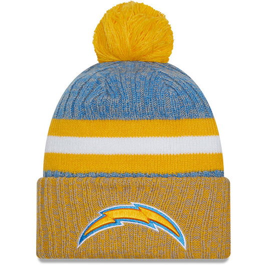 Men's New Era Powder Blue/Gold Los Angeles Chargers 2023 Sideline Sport Cuffed Pom Knit Hat