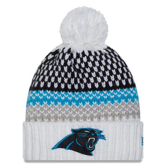 Women's New Era  White Carolina Panthers 2023 Sideline Cuffed Knit Hat with Pom