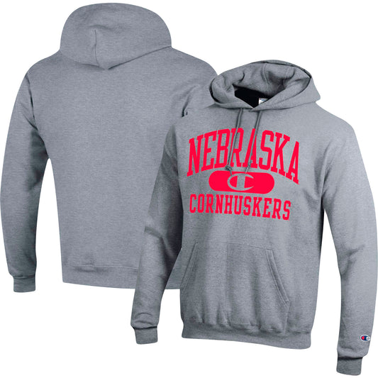 Men's Champion Heather Gray Nebraska Huskers Arch Pill Pullover Hoodie