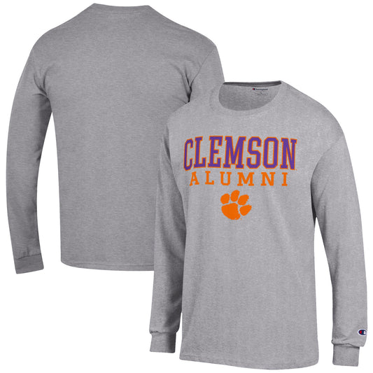 Men's Champion  Gray Clemson Tigers Alumni Logo Stack Long Sleeve T-Shirt