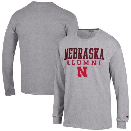 Men's Champion  Gray Nebraska Huskers Alumni Logo Stack Long Sleeve T-Shirt