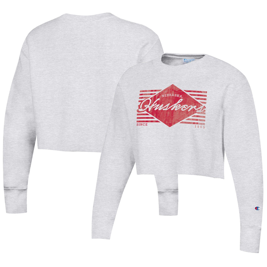 Women's Champion Heather Gray Nebraska Huskers Reverse Weave Cropped Pullover Sweatshirt