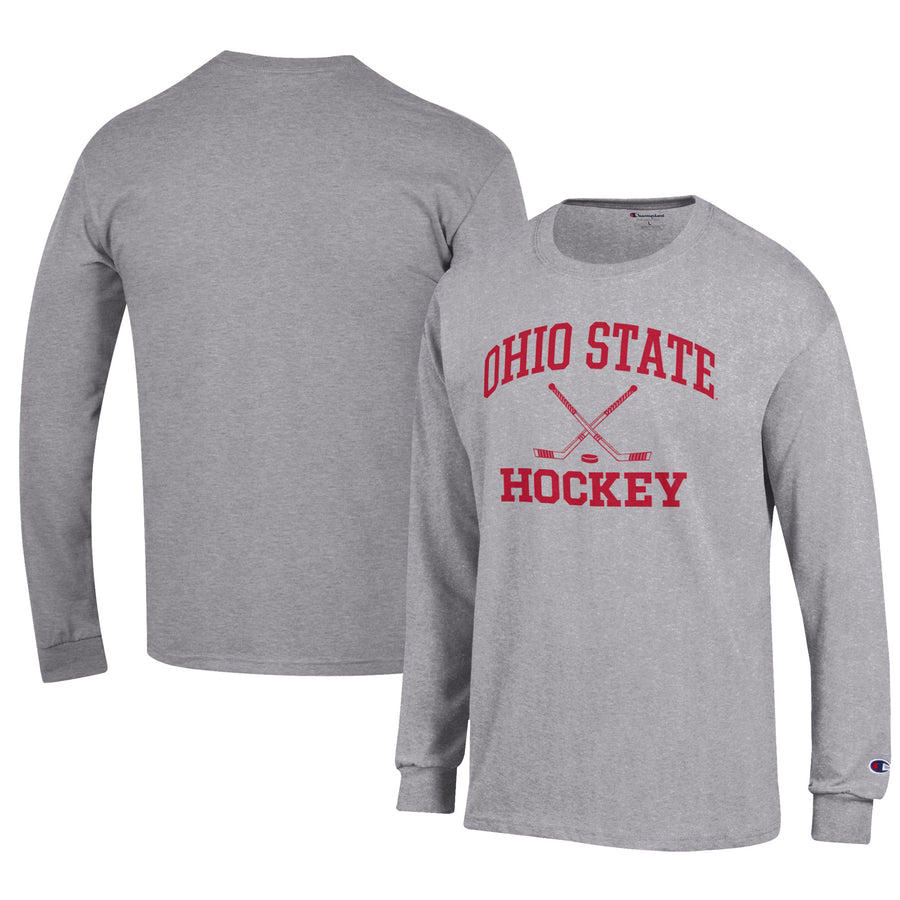 Men's Champion Gray Ohio State Buckeyes Hockey Icon Long Sleeve T-Shirt