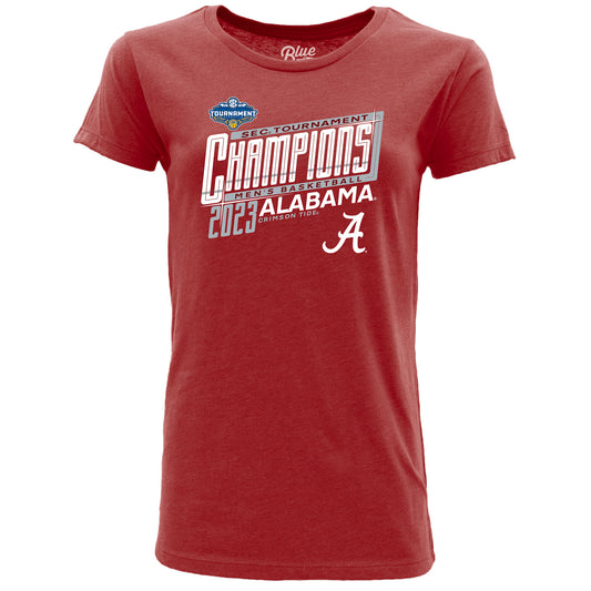 Women's Blue 84  Crimson Alabama Crimson Tide 2023 SEC Men's Basketball Conference Tournament Champions Locker Room T-Shirt