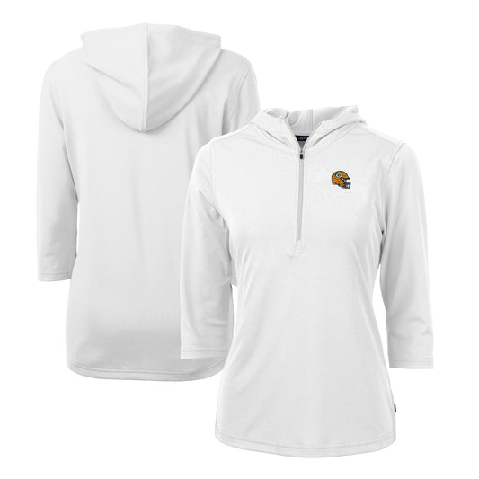 Women's Cutter & Buck  White Green Bay Packers Helmet Logo DryTec Virtue Eco Pique Recycled Half-Zip Pullover Hoodie