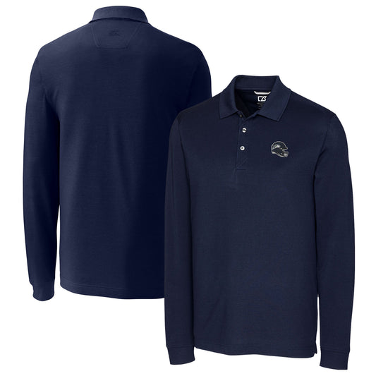 Men's Cutter & Buck  Navy Seattle Seahawks Helmet Advantage Tri-Blend Pique Long Sleeve Polo