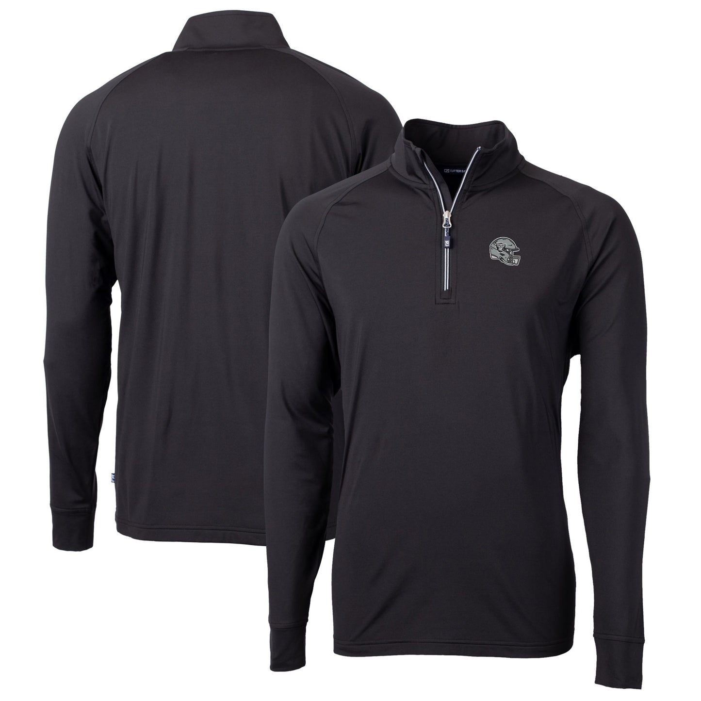 Men's Cutter & Buck  Black Las Vegas Raiders Helmet Adapt Eco Knit Stretch Recycled Quarter-Zip Pullover Top