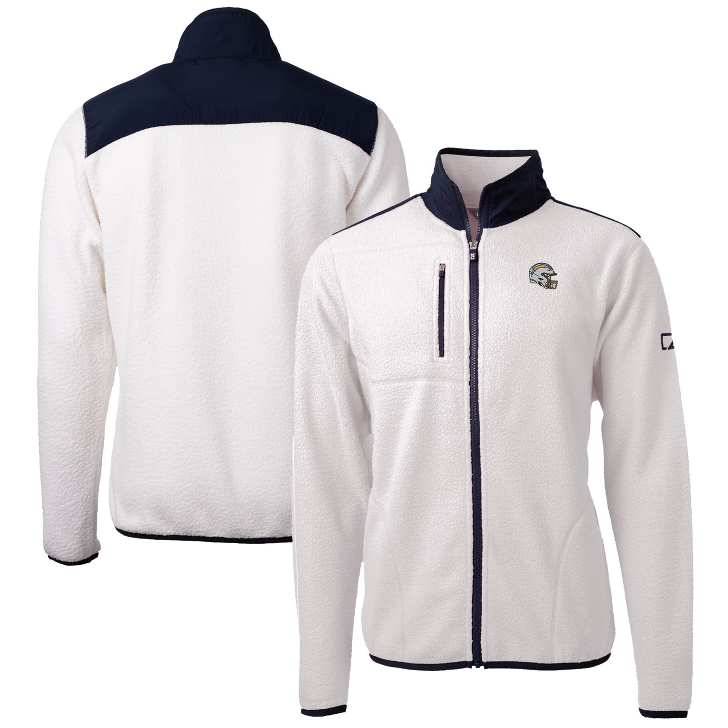 Men's Cutter & Buck  White Los Angeles Chargers Helmet Cascade Eco Sherpa Fleece Full-Zip Jacket