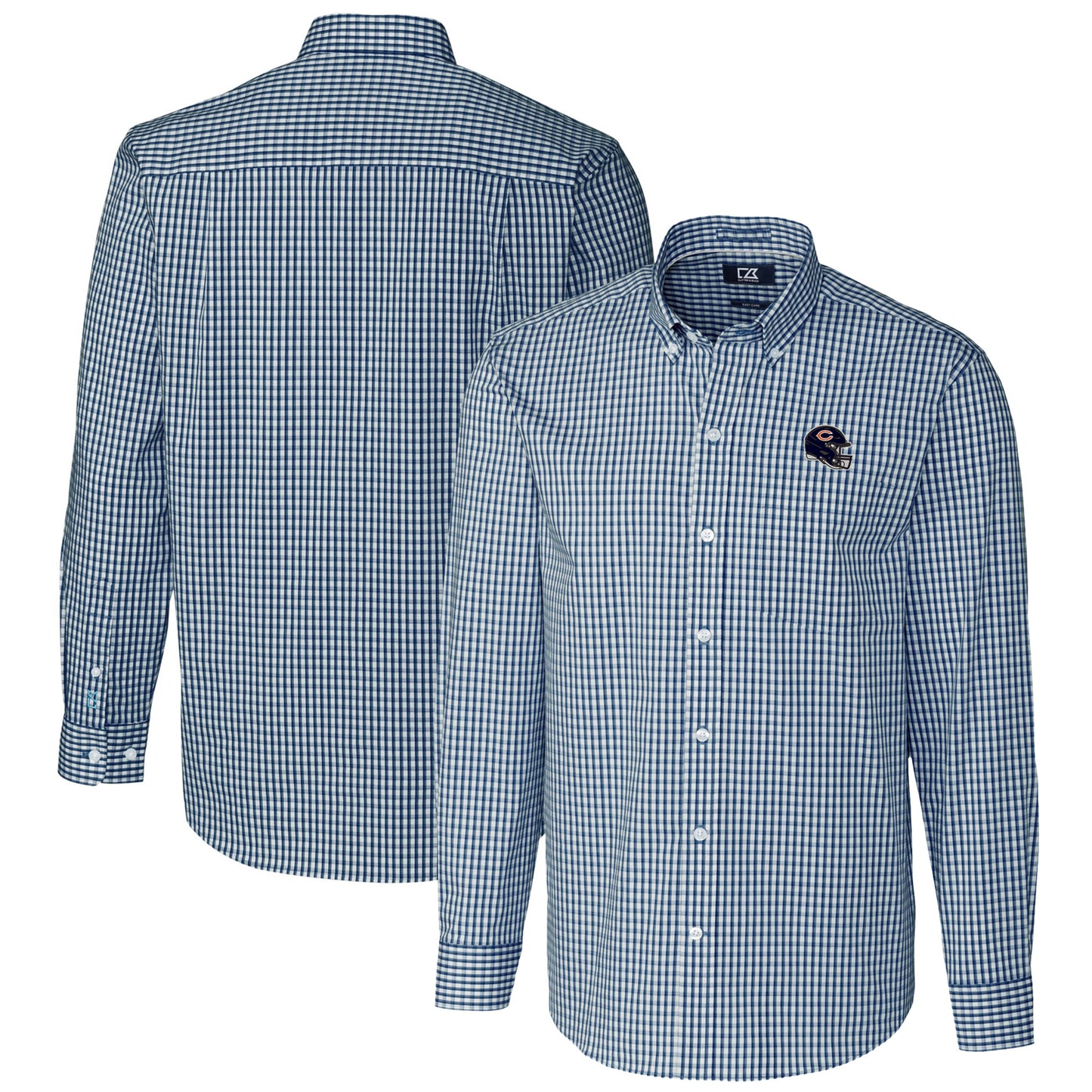 Men's Cutter & Buck  Navy Chicago Bears Helmet Easy Care Stretch Gingham Long Sleeve Button-Down Shirt