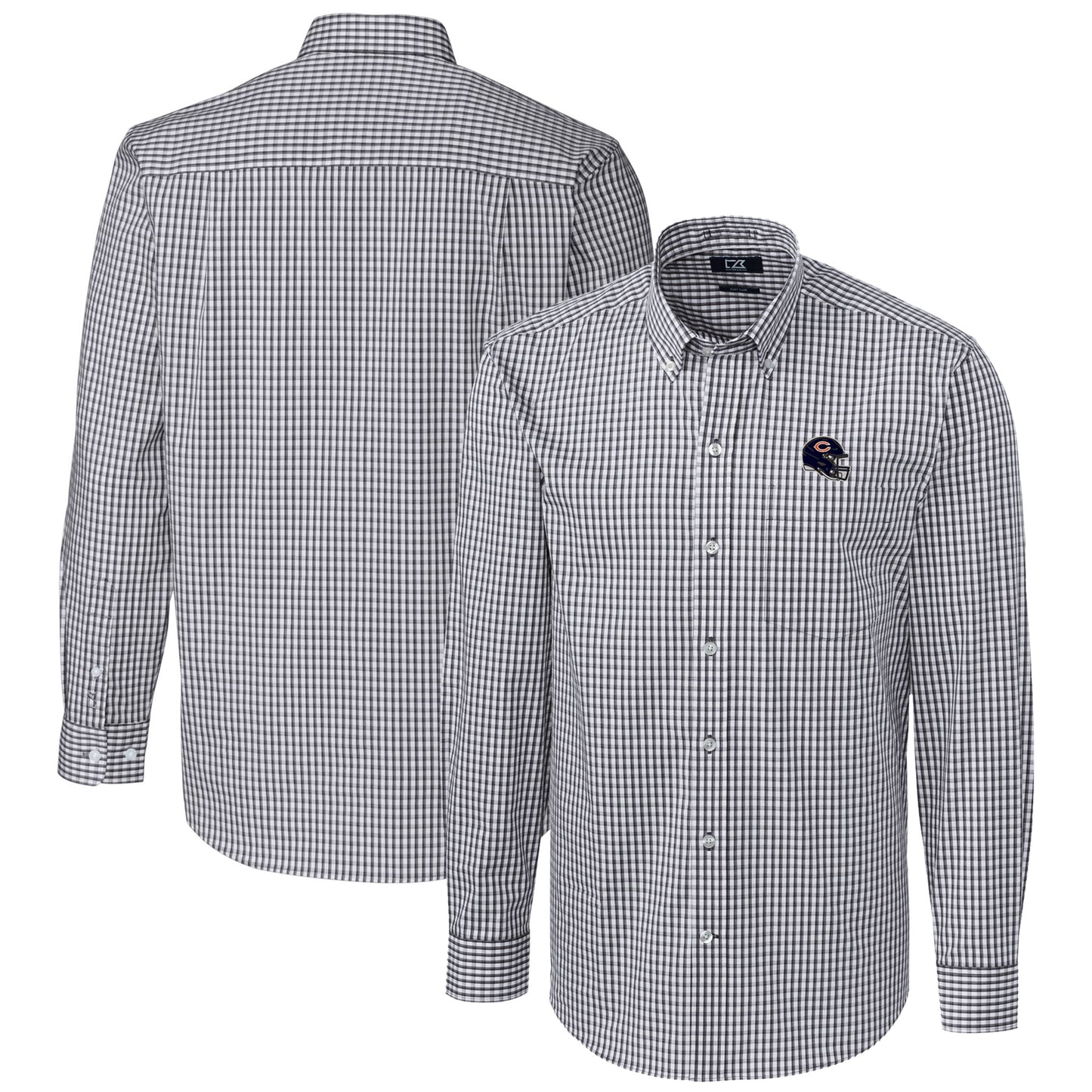 Men's Cutter & Buck  Charcoal Chicago Bears Helmet Easy Care Stretch Gingham Long Sleeve Button-Down Shirt