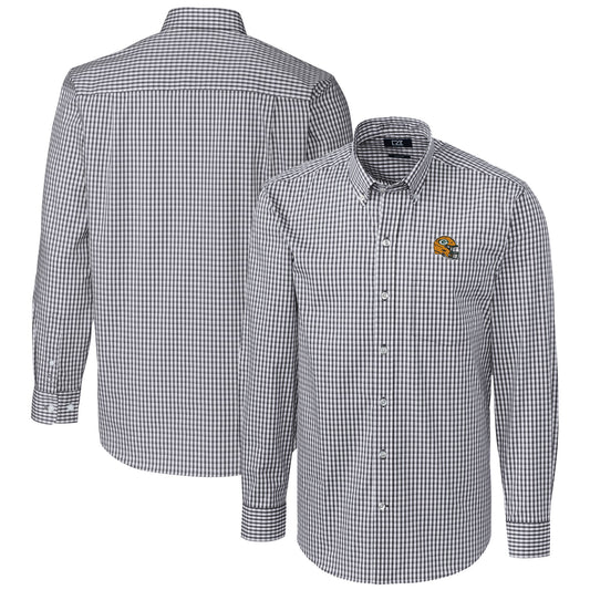 Men's Cutter & Buck  Charcoal Green Bay Packers Helmet Easy Care Stretch Gingham Long Sleeve Button-Down Shirt