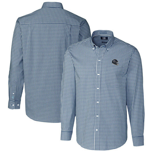 Men's Cutter & Buck  Navy Tennessee Titans Helmet Easy Care Stretch Gingham Long Sleeve Button-Down Shirt