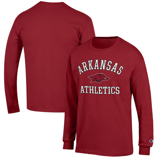 Men's Champion  Cardinal Arkansas Razorbacks Athletics Logo Long Sleeve T-Shirt